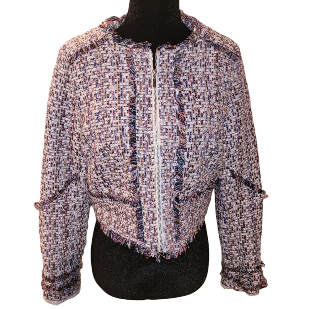 Carolina Belle Montreal Women's Jacket Tweed Zip Up with Fringe Details Size S